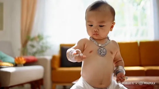 一个两三岁的小男孩，胖嘟嘟的，头上留了一个小胎毛，银盘大脸，水灵灵的大眼睛，胳膊和腿象藕节一样，颈脖戴一个银项圈，胸前挂有银牌，手脖脚脖都戴有儿童银镯。在灯碧辉煌的客厅里，练习打太极拳。 by Hailuo AI Video Generator