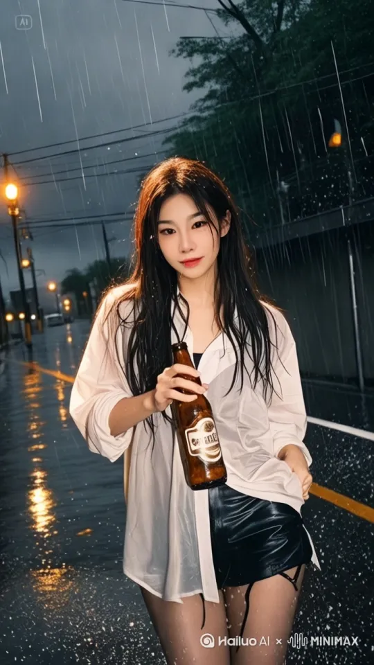 图中人物漫无目的行走在街头上。一边走一边拿起手中的酒瓶一饮而尽。[推出,上升,下摇] by Hailuo AI Video Generator