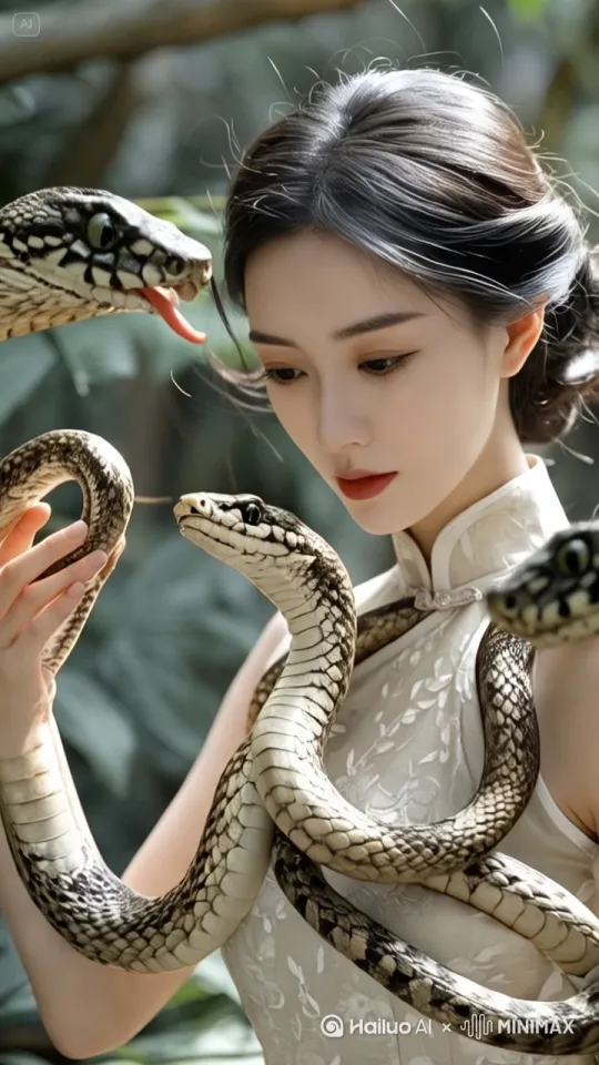 **🎬 5秒视频分镜脚本：**  

**画面1（0-1秒）**：  
- **特写**：涂着暗红指甲油的纤手从淡青色旗袍袖口探出，一条黑蛇缓缓缠绕上手腕，蛇头轻蹭掌心，眼神温顺。  

**画面2（1-3秒）**：  
- **中景**：镜头拉远，女主角侧身而立，旗袍开衩处若隐若现的长腿旁盘绕三条昂首的蛇，蛇瞳反光，如朝圣般仰视她。  
- **动态**：她低头轻笑，指尖掠过蛇头，蛇群随之摆动，发丝被风吹拂。  

**画面3（3-5秒）**：  
- **全景+慢动作**：她突然旋身，旗袍下摆绽开，群蛇如活体绸缎般缠绕游走，最终定格——她回眸直视镜头，红唇微启，蛇信与她的吐息同步。  

**特效/音效**：  
- 蛇鳞反光细节、旗袍丝绸质感增强  
- 背景虚化的竹林间飘落花瓣  
- 低沉笛声+蛇类嘶鸣混音  

**💡 核心记忆点**：  
“人蛇共舞时，究竟是她在驯服危险，还是危险在供奉她？”  

（脚本可优化为实拍+CGI蛇合成，确保安全性与视觉冲击力） by Hailuo AI Video Generator
