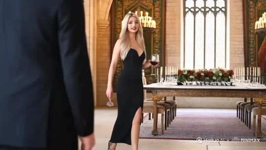 身穿紧身黑色晚礼服裙子，高跟鞋，身材曼妙，高个子，大长腿，妩媚动人，走在中世纪古堡的宴会厅内，亲切的跟别人打招呼。手中的拿着半杯红酒。尺寸9:16，从全身特写拉近到半身特写镜头跟随。 by Hailuo AI Video Generator