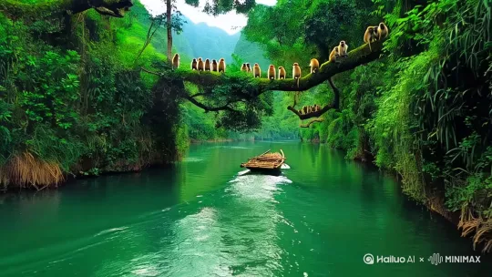 `请用两岸猿声啼不住，轻舟已过万重山做一段视频[推进,跟随] by Hailuo AI Video Generator