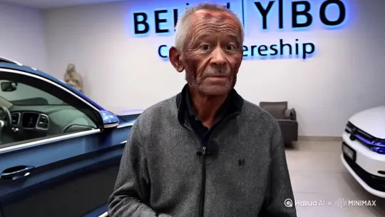 在一个略显昏暗的车行展厅里，背景是“背景一博车业”的招牌，一位满脸风霜的销售顾问正站在一台大众途观L二手车旁。他看起来有些疲惫，但眼神中仍透露出对这份工作的执着和热情。

“您好，欢迎来到背景一博车业。我是您的销售顾问，今天为您介绍的是这台2017年款的大众途观L二手车。”他的声音带着一丝沙哑，但依然充满诚意。

“这台车是2017年10月上牌的，行驶里程8.5万公里，车况非常好，是一手车源。”他一边说着，一边用手轻轻擦拭着车身，仿佛在展示一件珍贵的艺术品。

“这款车搭载的是1.8T发动机，动力充沛，驾驶体验非常不错。配置方面也非常丰富，有全景天窗、无钥匙进入、一键启动、自动驻车、方向盘换挡带加热、真皮座椅带加热、定速巡航、大屏倒车影像等。”他如数家珍地介绍着车的配置，语气中透露出对这辆车的喜爱。

“车况方面，您可以完全放心。全车原版，没有发生过事故，只有三个面做过补漆，费用到2024年9月。分期首付仅需2万，性价比非常高。”他停顿了一下，似乎在观察客户的反应，然后继续说道：“如果您感兴趣，我可以为您安排试驾，亲身体验一下这辆车的性能。”

“价格方面，目前报价是11万多，具体价格还可以再商量。”他微微一笑，露出一丝疲惫但真诚的笑容。

“如果您有任何问题，或者需要了解更多细节，随时可以问我。我会尽我所能为您提供帮助。”他说完，轻轻拍了拍车身，仿佛在告别一位老朋友。

这位销售顾问虽然看起来沧桑且疲惫，但他对车的了解和真诚的态度让人感到放心和温暖。如果您对这台大众途观L感兴趣，他一定会为您提供最优质的服务。[左移,右摇,跟随] by Hailuo AI Video Generator