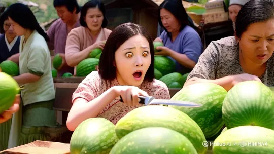 1. 背景描述画面：正当大家在香瓜摊前热闹选购时，一只小黄狗不知从哪窜了出来，直奔香瓜摊。它在摊位周围上蹿下跳，把一些香瓜拱得滚落一地。苏瑶被这突如其来的状况吓了一跳，手中切瓜的刀差点掉落，周围的村民也纷纷避让。林宇看到这一幕，迅速放下背包，准备帮忙。
 
2. 动作变化：苏瑶先是惊慌地轻呼一声，那明亮的琥珀色眼睛瞬间瞪大，急忙伸手去阻拦小黄狗，白皙的脸颊因紧张泛起红晕。林宇则如敏捷的猎豹般迅速反应，快速脱下牛仔外套，露出健硕的手臂肌肉，一个箭步冲上前去，试图用外套罩住小黄狗。小黄狗却十分机灵，在两人之间灵活穿梭，还时不时叼起一个香瓜就跑，嘴里发出欢快的叫声。
 
3. 环境变化：原本有序的香瓜摊瞬间变得一片混乱，香瓜滚得到处都是，在阳光下闪烁着光泽。大树下的气氛从热闹选购瞬间变得紧张又慌乱，微风似乎也被这混乱惊扰，吹得稻穗沙沙声更急促了些。
 
4. 爆笑对话：苏瑶（着急地喊，声音带着一丝颤抖）：“哎呀，这小狗咋回事呀！我的香瓜！”林宇（边追边喊，眼神专注）：“姑娘别慌，看我抓住这调皮鬼！这小狗，怕是把香瓜当成玩具了！”村民乙（在一旁笑着喊）：“这狗肯定是闻着香瓜香，馋得忍不住啦！”
 
5. 运镜方法：以中景拍摄小黄狗捣乱的场景，全面展现混乱局面以及苏瑶的惊慌。接着快速切换为近景，聚焦林宇冲上前的动作，着重突出他矫健的身姿与迅速的反应。通过快速切换镜头，捕捉小黄狗灵活逃窜的模样 by Hailuo AI Video Generator