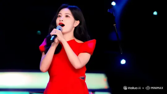 中景拍摄，女子身穿红色礼服，手里拿着麦克风，站在演唱会的舞台上深情演唱，镜头围绕人物向左告诉转动，最后镜头回到正面拍摄人物视角 by Hailuo AI Video Generator