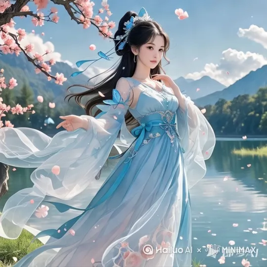 帮生成一个人物在高空中飞行的视频,美女双脚离开草地快速向极高的空中飞去,在离地面100米高空中轻松地滑行,双臂向两侧伸展,头部看向前方,捕捉平滑水平飞行的感觉。头发,衣服随风飘扬,下方是宽阔的水面和一片桃花林自然景观,快速高空跟踪镜头移动,无人机视角,一个超现实的高速飞行梦境系列,摄影机紧密跟踪,摄影机从稍高位角度紧密跟踪,从右后方向左后方移动,随着角色迅速穿过场景。环境是动态的,快速变化,运动运行轨迹增强了速度和流畅性。快速移动,电影画面,大师级别的摄影,细节完美,超高清画面主体飞行起来。细节丰富,惟妙惟肖,栩栩如生,真实自然。飞行动态连贯,无瑕疵,无变形,一镜到底。背景自然动态,真实自然。专业级摄影作品,专业级电影光效,大师级作品。高饱和度,高对比度,高锐化度,高帧率,流畅自然,超高清摄影作品,超高清画质,史诗级电影级摄影。 by Hailuo AI Video Generator