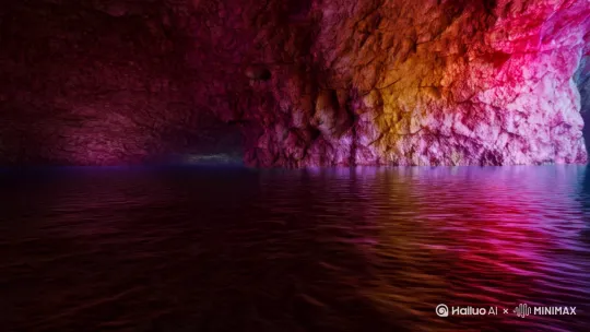 宽大的地下洞穴，[左移,推进,右摇]洞里的水里有一条发光的小型鱼，越出水面，照亮洞里的石壁色彩斑斓[左移,推进,右摇] by Hailuo AI Video Generator