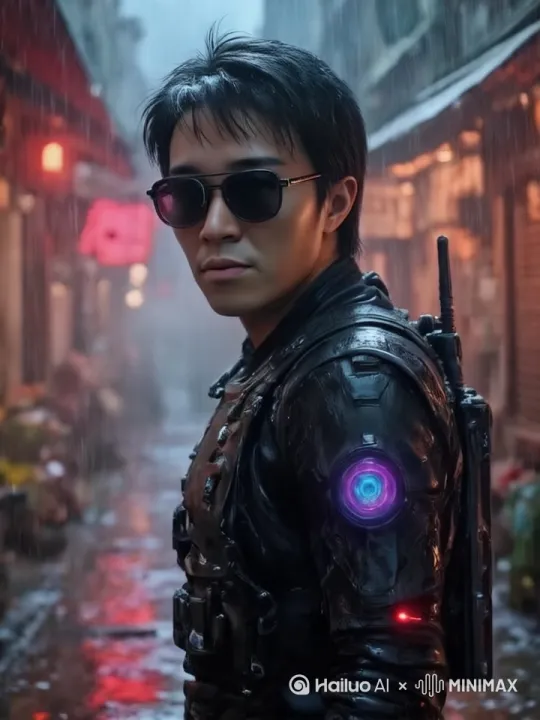一位身着黑色科技感装束的人，[左移,推进,右摇]在雨夜的古旧街道中行走。酷炫，英俊，赛博朋克 by Hailuo AI Video Generator
