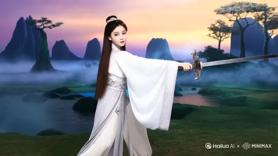她是一位大罗金仙，在仙境中练剑。她在和灵兽比斗。 by Hailuo AI Video Generator