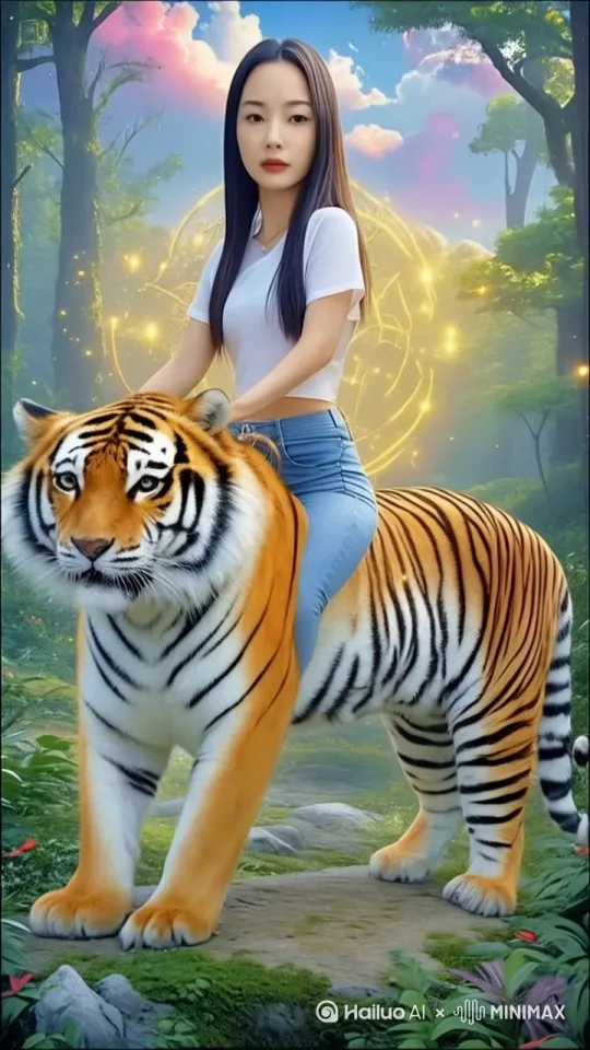 如图在一片如梦似幻的树林中，树木通体金黄，树干上环绕着一圈圈璀璨夺目的金圈，金圈闪烁着奇异光芒，仿佛是来自另一个维度的神秘印记。这些树木肆意生长，有的扭曲成不可思议的形状，像是在诉说着古老而荒诞的故事。
 
一位倾国倾城的美女，身着一袭薄如蝉翼的白色纱衣，纱衣上绣满了闪烁如星辰的符文，符文仿佛拥有生命般不停流转变幻。她跨坐在一只体型庞大的老虎背上，这老虎的身躯比正常老虎大出数倍，身上的斑纹竟如燃烧的火焰般跳跃，每一根虎毛都闪烁着金属光泽，宛如钢铁铸就。
 
美女双手紧紧抓住老虎的皮毛，眼神中透着决然与无畏。老虎咆哮一声，声震四野，震落了树上如雨点般的金色树叶，随后便撒开四蹄，在树林中狂奔起来。它奔跑的姿态极为怪异，时而如闪电般直线冲刺，时而又以一种违背物理规律的弧线转弯，仿佛空间在它脚下也能随意扭曲。美女在虎背上随着老虎的动作起伏，发丝狂舞，纱衣猎猎作响，仿佛在与这荒诞的世界一同疯狂。周围的金色树叶在他们身后形成巨大的漩涡，像是要将整个树林卷入一场无尽的荒诞漩涡之中。专业的构图，达芬奇大师级调色。 by Hailuo AI Video Generator
