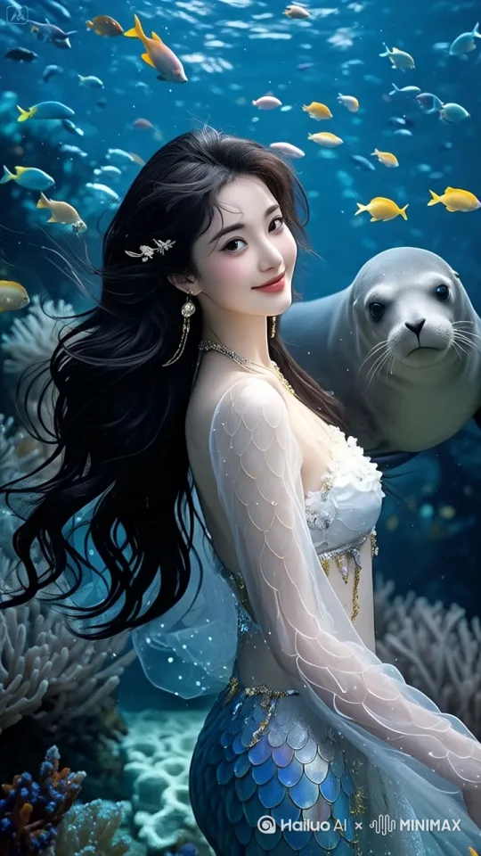 海狮游向美人鱼在美人鱼身上蹭了蹭 by Hailuo AI Video Generator