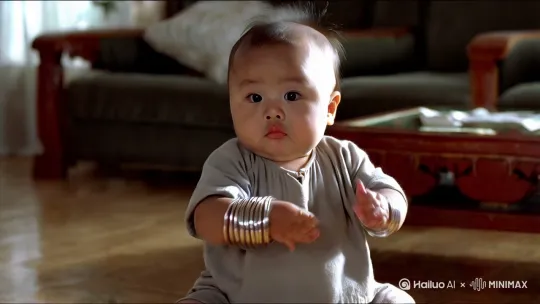 一个两三岁的小男孩，胖嘟嘟的，头上留了一个小胎毛，银盘大脸，水灵灵的大眼睛，胳膊和腿象藕节一样，手脖脚脖都戴有儿童银镯。穿一件浅灰逸色短袖上衣和裤头。在灯碧辉煌的客厅里，练习打太极拳。两只手交替出挙，反复练习着。 by Hailuo AI Video Generator