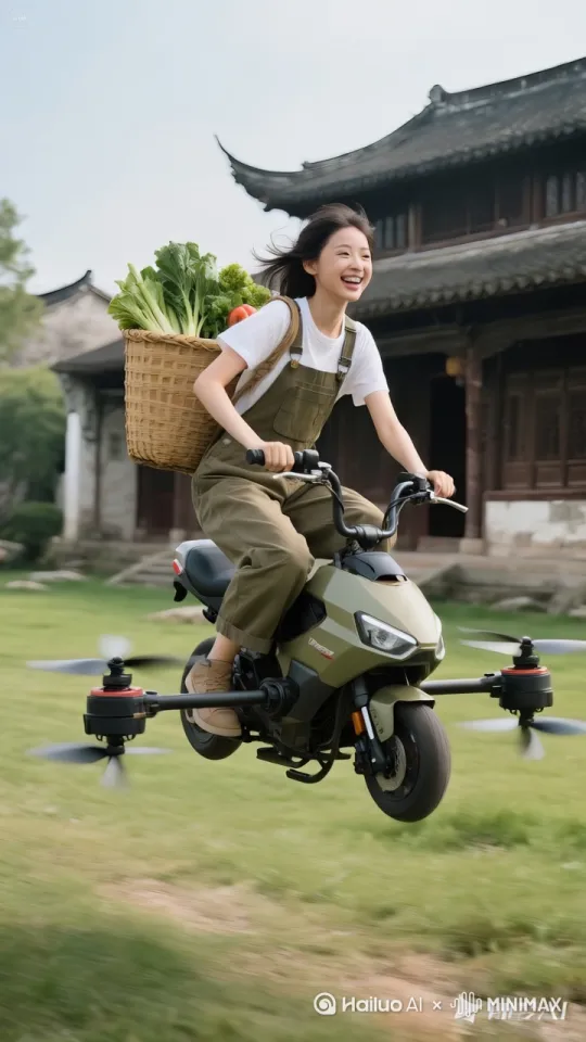 女子骑着飞行摩托在草地飞驰，快速飞行，飞到了菜地，镜头移动动态跟随。 by Hailuo AI Video Generator