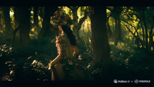 主题: 梦幻森林中的优雅漫步
场景: 森林深处，树叶繁茂，光线透过树叶洒下，形成斑驳的光影。
角色: 一位身穿华丽裙子的女子，裙子装饰有叶子和花朵，头戴花朵装饰的帽子。
动作: 女子背对镜头，双手自然放在背后，优雅地行走。
氛围: 神秘而浪漫，光线变化营造出梦幻效果，仿佛置身于童话世界。
细节: 裙子上的装饰物随着行走轻轻摆动，光斑在画面中闪烁，树叶沙沙作响。
色调: 柔和的暖色调，带有轻微的梦幻滤镜，增强神秘感。 by Hailuo AI Video Generator