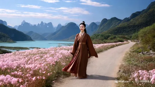 一位身着粗麻布的古风美女温文尔雅行走在蜿蜒的花海中，脸上带着温和笑意。右远拉近周围是青山绿水环绕，路边盛开着淡粉色的野花，微风拂过，衣袂飘飘。天空湛蓝如宝石，几缕洁白的云朵悠悠飘荡，营造出闲适、悠然的氛围，整体画面色调以暖棕、青灰为主，融合自然的清新色彩 。 by Hailuo AI Video Generator