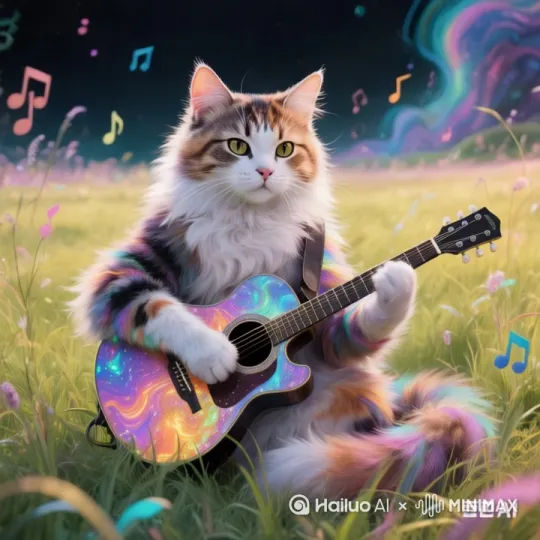推进，小猫弹奏着吉他，草地上小草微微摇动，音符慢慢向上飞去。 by Hailuo AI Video Generator