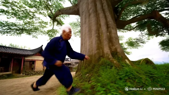 镜头采用近景跟随，在中国农村的一个村口大树下，一位白发的大爷村民施展出中国功夫，双腿施展轻功沿着粗大的树干急速向上奔跑，随后达到一处主干的树枝，只见他猛地一下纵身跳到了树顶上，大爷稳稳的站在树顶的叶子上，镜头稍作停顿，展示他站在房顶上的全景，背后是广袤的乡村风光。随着画面渐暗，速度感逐渐减缓直至消失。 by Hailuo AI Video Generator