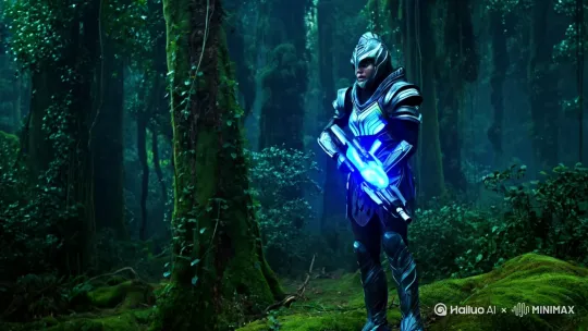 一名外星人战士，在树林子里面，拿着能量武器准备埋伏敌人 by Hailuo AI Video Generator