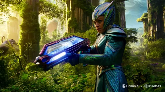 一名外星人战士，在树林子里面，拿着能量武器准备埋伏敌人 by Hailuo AI Video Generator