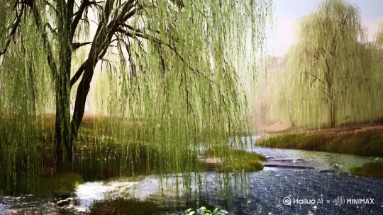春天的小雨，垂柳，小溪 by Hailuo AI Video Generator