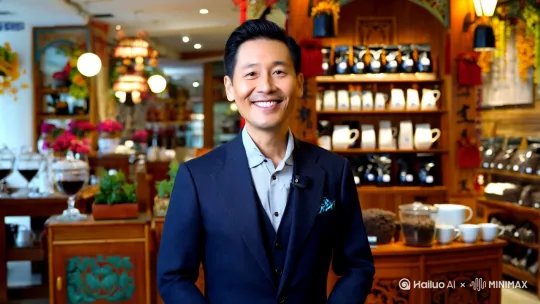 主播站在充满云南特色的咖啡店内，背后是摆满咖啡豆和咖啡制品的货架，面带微笑向镜头挥手。 by Hailuo AI Video Generator