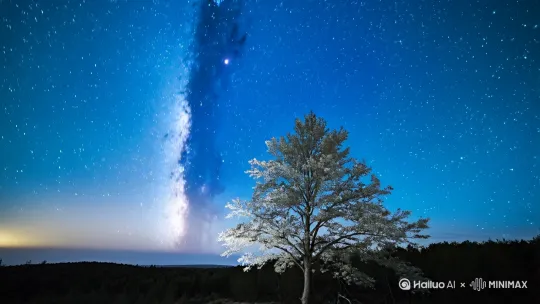 一棵轮廓分明的孤树静静伫立在夜晚的旷野。布满闪耀星辰的深蓝色天幕下，银河如同发光的绸带横贯夜空。摄像机静止不动，采用远景构图，银色月光与微弱星光交织在枝叶间。 by Hailuo AI Video Generator
