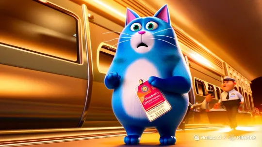 生成一只蓝色的胖猫滤镜卡通温暖，站在高铁车厢门前上 他有手有脚 手里握着大学的学生证 几个身穿乘务员制服的人拽着胖猫 将他赶下了高铁 ，要3D的 by Hailuo AI Video Generator