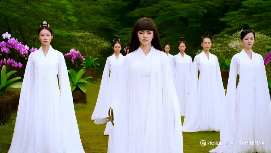 素白广袖卷着我穿过最后一道阵纹。幽兰香气里，执剑的师姐蹙起远山眉："星辉石亮了。"她剑尖指向后山，千年未动的禁地封印正在龟裂，漫天星斗在白昼显形，与罗盘上的星图遥相呼应。 by Hailuo AI Video Generator