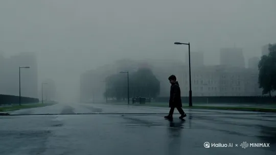 一个孤独的男生在雨中的大街行走[左移,上升] by Hailuo AI Video Generator