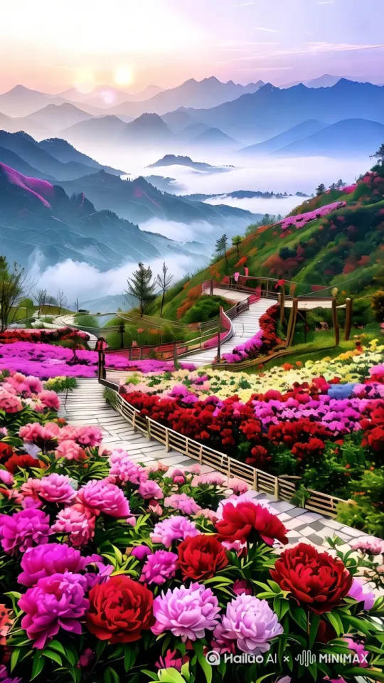 风吹花摇晃，云海在翻涌[推进,上升] by Hailuo AI Video Generator