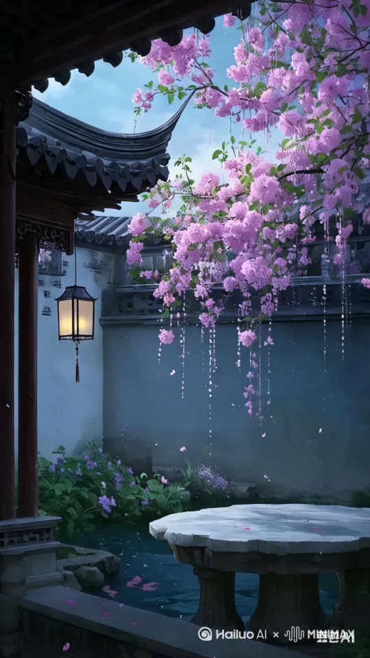 [左移,右摇,跟随]微风吹来，熬夜灯随风而来回摆动。花枝随风摇曳，被风轻轻的吹落飘飘落下。 by Hailuo AI Video Generator