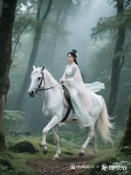 古风女子骑着大白马，穿越在小树林里 by Hailuo AI Video Generator