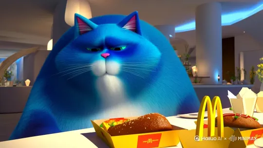 一个非一个非常非常胖的蓝色的猫在吃麦当劳 by Hailuo AI Video Generator