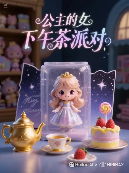 整个画面星光闪烁起来，金色茶壶可以自己倒水，小公主走出盒子开心的打招呼 by Hailuo AI Video Generator