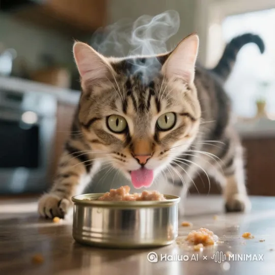 以电影级运镜呈现猫咪发现美食的惊艳瞬间：采用低机位猫眼视角捕捉刚揭开的罐头热气粒子，侧逆自然光勾勒毛发轮廓时，猫咪瞳孔瞬间放大呈正圆形，胡须前探伴随耳朵45°高频抖动，粉红舌尖悬停在油光反射的食物表面，前爪定格在欲拒还迎的空中，尾巴尖部震颤与掉落残渣形成动态呼应。需4K 60fps拍摄，f/2.8景深虚化厨房背景为光斑，HDR强化金属罐头反光，重点捕捉0.5秒慢动作伸舌接触食物至瞳孔扩张的微表情变化，杜绝拟人化表情与CGI毛发处理，保持真实猫科动物生理特征。 by Hailuo AI Video Generator