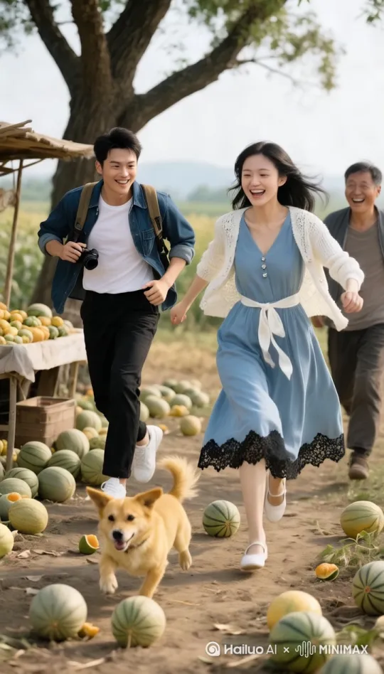 田间地头大树小黄狗在摊位周围上蹿下跳，把香瓜拱得滚落一地，还时不时叼起一个香瓜就跑。(林宇，这位 28 岁的都市青年，身着白色纯棉修身 T 恤，凸显出他健硕的身材，外面随意敞开着深蓝色牛仔外套，下身搭配黑色直筒休闲裤，脚蹬白色运动鞋，背着相机的背包)和(26 岁的苏瑶，身着中长款淡蓝色V字型连衣裙 裙摆下面用精美的黑色蕾丝包边 ，腰间用白色的绸缎包裹 白色针织开衫的蕾丝花边随风轻舞，脚穿镶嵌水钻的白色平底单鞋，一头如瀑的黑发披在肩头)，在后面追赶，小黄狗十分机灵，在两人之间灵活穿梭。
 
2 动作变化：小黄狗调皮地逃窜，林宇和苏瑶努力追赶，伸手去抓却总是扑空。
 
 环境变化：香瓜摊一片混乱，香瓜满地滚动，阳光照在滚动的香瓜上。
 . 台词：林宇（边追边喊，眼神专注）：“姑娘别慌，看我抓住这调皮鬼！这小狗，怕是把香瓜当成玩具了！”村民乙（在一旁笑着喊）：“这狗肯定是闻着香瓜香，馋得忍不住啦！”
  运镜方法：通过快速切换镜头，以中景拍摄小黄狗灵活逃窜以及林宇和苏瑶追赶的画面，展现混乱的场景。 by Hailuo AI Video Generator