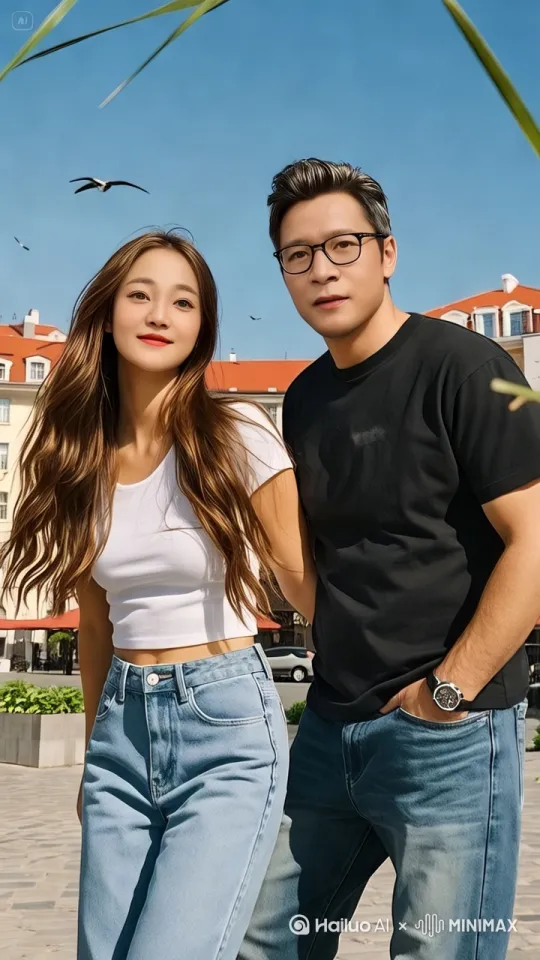 一对情侣面对镜头微笑合影，然后愉快的跳起了优美的华尔兹舞 by Hailuo AI Video Generator