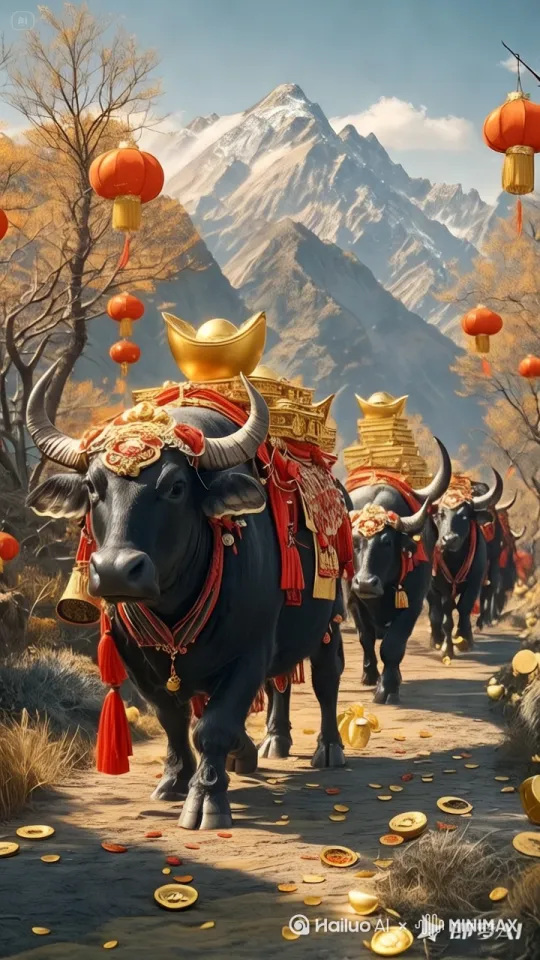 [推进,上升]固定镜头，水牛冲向屏幕，金币不停掉落在地面，高速摄影，高清，不模糊，不变形 by Hailuo AI Video Generator