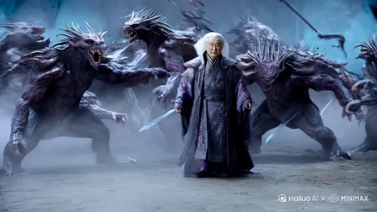 古装白发男子独自面对一群狰狞恐怖的邪魔[右移,左摇,跟随]身旁飞剑环绕周身 手掐雷电法决 by Hailuo AI Video Generator