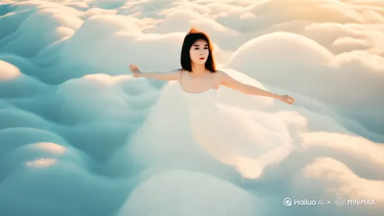 [左移，右摇，跟随]一位美女在空中飞翔，身穿白色吊带连衣裙向前方飞行，都穿越在云海，无人机俯拍捕捉飞行，镜头跟随，高清8K视频。 by Hailuo AI Video Generator