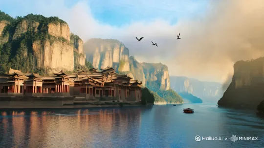 主题：白帝城悬崖上古建筑群，彩云环绕山峦，江面泛着晨光，孤舟点缀江面，飞鸟掠过天际 美学：青绿与淡金为主色调，朦胧雾气效果，诗意山水构图 专业：超高清渲染，8K细节质感，广角镜头景深，细腻笔触晕染 by Hailuo AI Video Generator