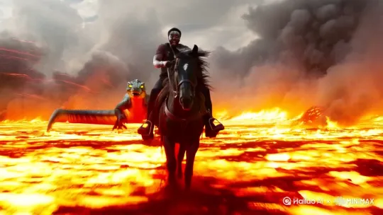 7. ​​"Horse Chase Through a Volcanic Wasteland"​​
A fearless African American man rides a wild horse directly toward the camera across a scorched, volcanic wasteland. He leans forward, arms gripping the reins tightly, with his upper body leaning into the heat and ash. His face is streaked with ash, eyes wide open, mouth shouting in panic. Behind him, a massive volcanic lizard with glowing yellow eyes and jagged scales races forward, its movements sharp and predatory. The ground smolders, and the sky is filled with ash clouds. The camera stays fixed close to the man’s face and the horse’s mane, capturing his fear and the lizard’s menacing approach. ​​In the last second, the camera zooms in on the lizard’s open mouth, glowing yellow teeth bared, as it lets out a deafening roar, and the screen fades to black.​​ Motion blur on the molten ground and ash clouds. by Hailuo AI Video Generator