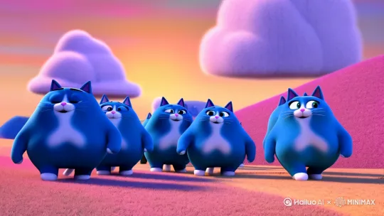 一群深蓝色的拟人小胖猫边走边说话，3d可爱卡通风格 by Hailuo AI Video Generator