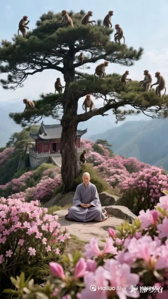 一个桥上两个活尚抬水，岛上很多白海殴飞翔，猴子跳来跳去，一个尼姑在河边洗衣服大阳准备落山，江面一羊显红色河中间鱼飞跃出水面 by Hailuo AI Video Generator