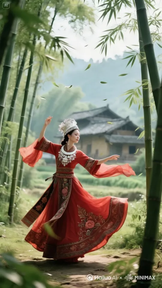 镜头固定翩翩起舞。风吹树叶。 by Hailuo AI Video Generator