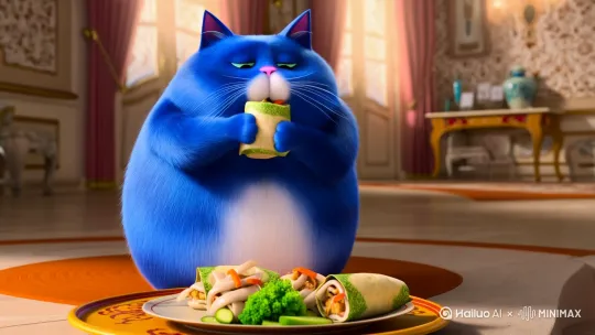 一只蓝色的胖猫在吃科比给的老北京鸡肉卷 by Hailuo AI Video Generator