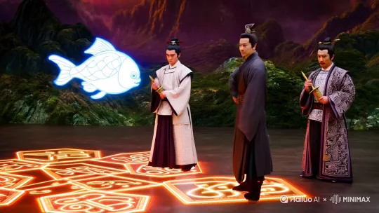 画面元素**：  
- 鬼谷子转身拂袖，指尖点出阴阳双鱼  
- 左侧弟子持剑（代表“权谋”），右侧弟子执笔（代表“纵横术”）  
- 地面浮现《捭阖策》卦象，随呼吸明暗闪烁  
**动态细节**：  
- 阴阳鱼分裂为兵法阵图（云梦山地形+城池攻防动态线稿）  
- 弟子衣袍纹路由简至繁，象征智慧灌注 by Hailuo AI Video Generator