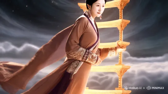 主角沿着天梯慢慢的走过去。 by Hailuo AI Video Generator