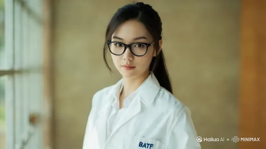 中国女性25岁，汉族，身高1.7米，戴黑框眼镜，扎着马尾辫，身材苗条，是一个知性美女。她的妆容素净却讲究，哑光底妆衬托出细腻的皮肤，穿着化学实验室专用的白大褂，白色衬衫，白大褂的口袋上方印有较小的蓝色的公司LOGO：BATF。在化学实验室中，穿着白大褂，正视镜头，迈着缓慢的步伐讲述产品的特点 by Hailuo AI Video Generator