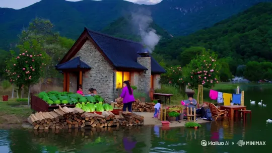 [右移,左摇,跟随]乡村湖边黄昏场景，石砌小屋，黑色瓦片屋顶，烟囱冒烟 ，屋内透出暖黄色灯光 ，木柴堆 ，木桌木椅 ，小菜园，种有绿色蔬菜 ，一位青年女性穿着紫色上衣，正在打理菜园 ，菜园旁两个小孩在玩耍，一位青年男性穿着灰色上衣，坐在竹椅上钓鱼 ，竹椅旁有彩色花盆 ，晾衣绳上挂着几件衣物 ，湖边桃树，结满果实 ，湖面上两只鸭子 ，远处山峦，写实风格，全景。比例 9:16。 by Hailuo AI Video Generator