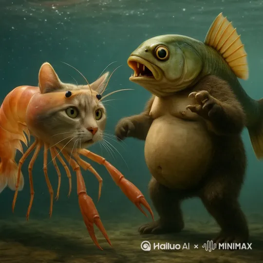 打架，鱼有蚊子帮忙把虾猫打倒 by Hailuo AI Video Generator